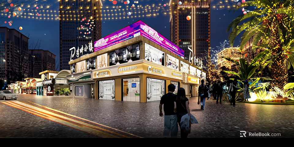 Modern Brightly Lit Commercial Street Storefronts With Warm Atmosphere In Busy Night Urban Pedestrian Block 3d model 