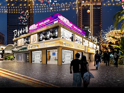 Modern Brightly Lit Commercial Street Storefronts With Warm Atmosphere In Busy Night Urban Pedestrian Block 3d model