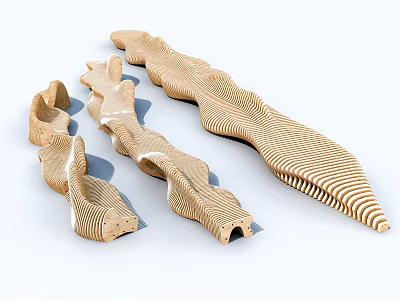 Modern Wooden Landscape Seats Featuring Wavy Design And Natural Striped Texture 3d model