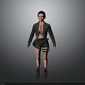 Human Female Character 3D Model with Leather Jacket Crop Top Shorts Thigh Straps and Boots