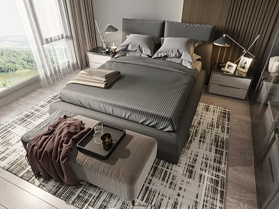 Modern Gray Double Bed With Headboard Pillows Nightstand Table Lamp And Green View 3d model