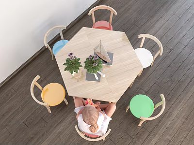 Hexagonal Wooden Kids Table with Colorful Chairs and Potted Plants for Children Learning and Playing 3d model