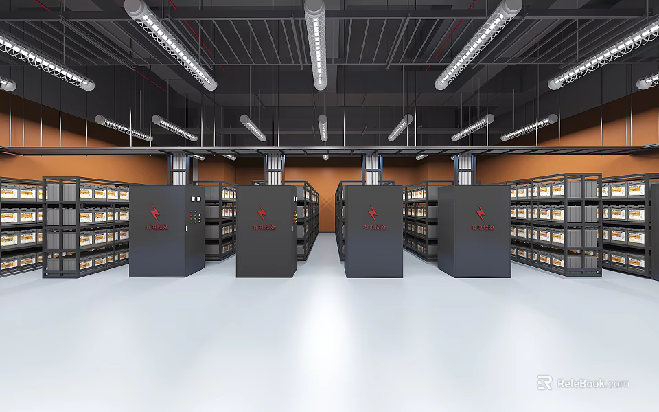 Server Room Featuring Multiple Racks Orange Walls Black Ceiling White Floor Long Strip Lights 3d model 