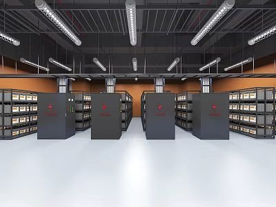 Server Room Featuring Multiple Racks Orange Walls Black Ceiling White Floor Long Strip Lights 3d model