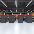 Server Room Featuring Multiple Racks Orange Walls Black Ceiling White Floor Long Strip Lights 3d model