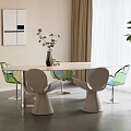 Modern Dining Table With Green Transparent Chairs Curtain Plant And Wall Art