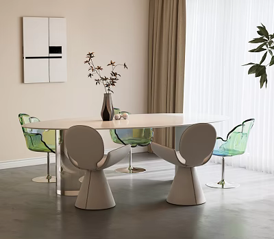 Modern Dining Table With Green Transparent Chairs Curtain Plant And Wall Art 3d model