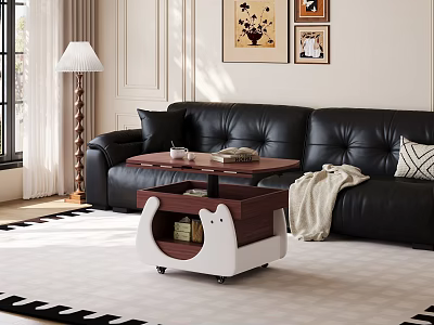 Black Leather Sofa With Decorative Pillows And Wooden Coffee Table With Rolling Storage Side Table Area Rug Floor Lamp And Wall Art 3d model