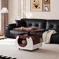 Black Leather Sofa With Decorative Pillows And Wooden Coffee Table With Rolling Storage Side Table Area Rug Floor Lamp And Wall Art
