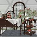 Wooden Display Cabinet Shelf With Arched Mirror White Tablecloth Decorative Plants And Fruits