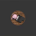 Pink Cartoon Character With Closed Eyes Leaning On Black Piano On Round Wooden Platform