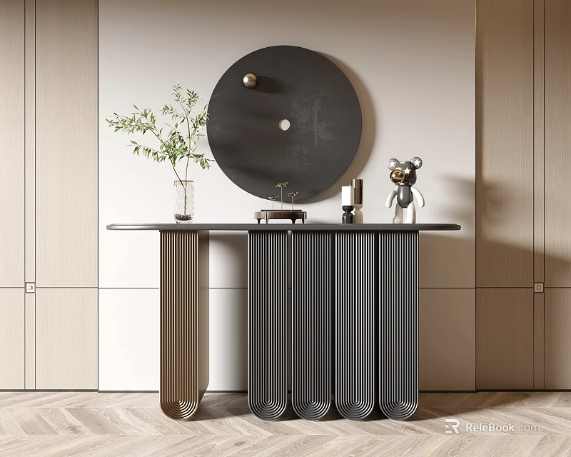 Modern Console Table With Black Countertop Round Black Mirror Green Plant And Vertical Slat Design 3d model 
