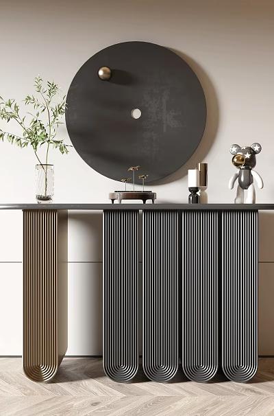 Modern Console Table With Black Countertop Round Black Mirror Green Plant And Vertical Slat Design 3d model