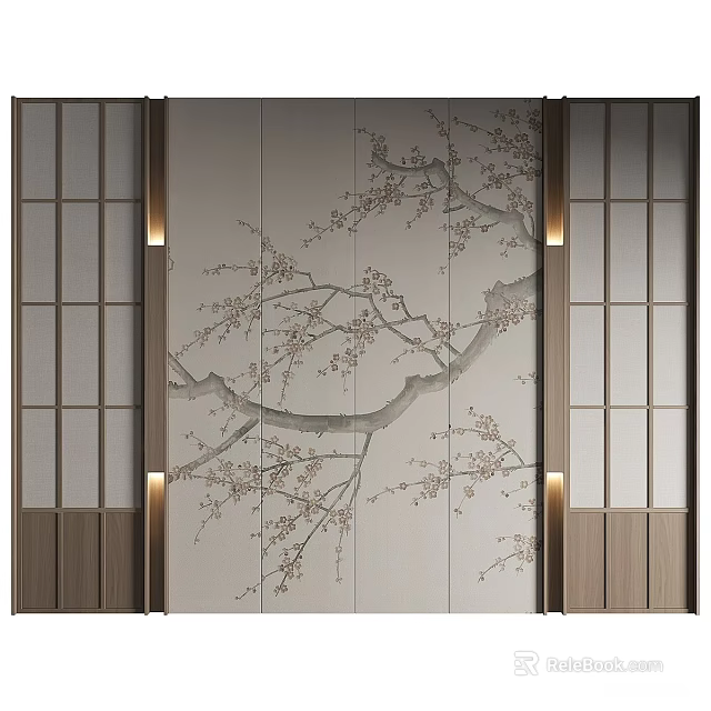 Elegant Background Wall Featuring Plum Blossom Branch Pattern Wooden Grilles and Side Lighting 3d model 