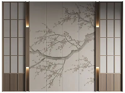 Elegant Background Wall Featuring Plum Blossom Branch Pattern Wooden Grilles and Side Lighting 3d model