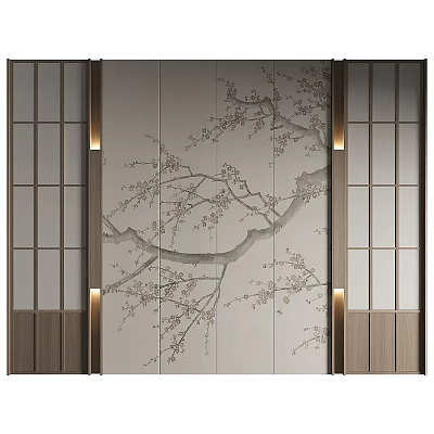 Elegant Background Wall Featuring Plum Blossom Branch Pattern Wooden Grilles and Side Lighting 3d model