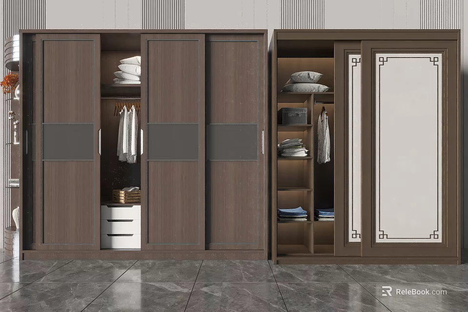 Dark Brown Wardrobe Interior Design With Multi Door Storage Hanging Clothes Folded Garments And Mirror 3d model 