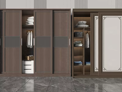 Dark Brown Wardrobe Interior Design With Multi Door Storage Hanging Clothes Folded Garments And Mirror 3d model