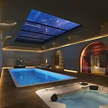 Luxurious SPA Sauna Interior With Swimming Pool Jacuzzi Starry Sky Ceiling And Warm Lighting