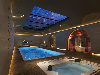Luxurious SPA Sauna Interior With Swimming Pool Jacuzzi Starry Sky Ceiling And Warm Lighting 3d model