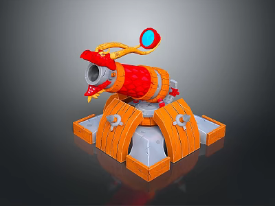 Colorful Red Orange Decorative Cannon With Sturdy Wooden Base And Round Lens 3d model