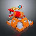 Colorful Red Orange Decorative Cannon With Sturdy Wooden Base And Round Lens