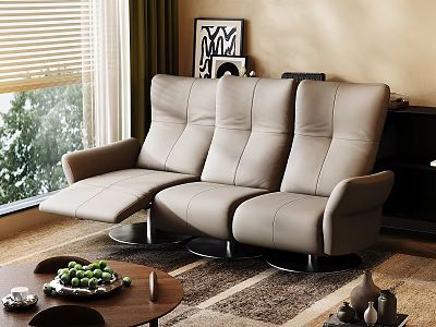 Beige Leather Three Seater Sofa In Living Room With Window Greenery Coffee Table And Rug 3d model
