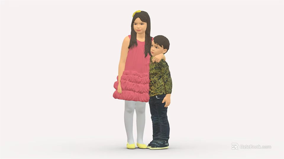 Girl In Pink Dress And Boy In Green Top Standing Closely Together As Siblings 3d model 