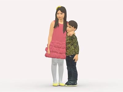 Girl In Pink Dress And Boy In Green Top Standing Closely Together As Siblings 3d model