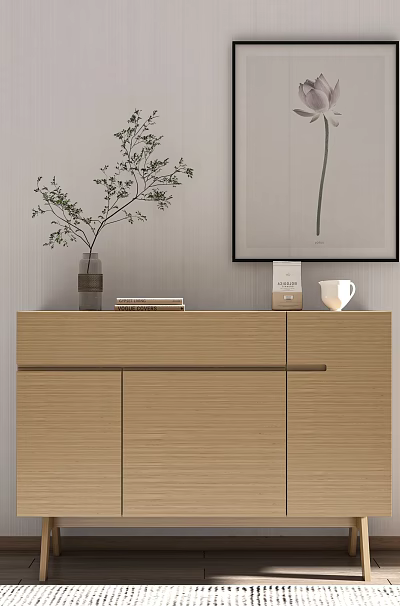 Light Wood Entryway Console Table Side Cabinet With Vase Plant Books Lotus Painting On Wall 3d model