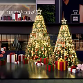 Festive Christmas Trees With Decorations And Gift Boxes In Store