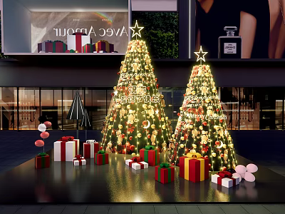 Festive Christmas Trees With Decorations And Gift Boxes In Store 3d model