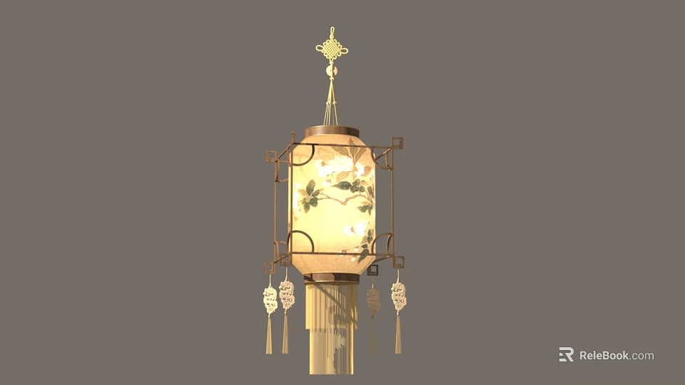 Traditional Chinese Hanging Lantern With Golden Frame And Floral Paper Shade Tassels 3d model 