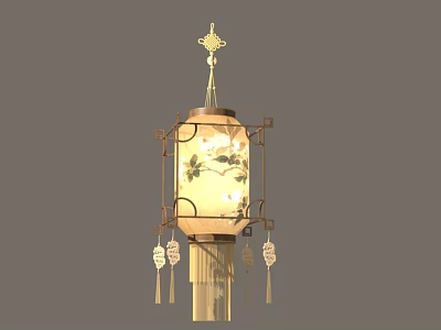 Traditional Chinese Hanging Lantern With Golden Frame And Floral Paper Shade Tassels 3d model