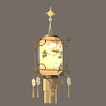 Traditional Chinese Hanging Lantern With Golden Frame And Floral Paper Shade Tassels