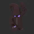 Game Movie Character With Brown Pointed Hat Purple Eyes And Suit Outfit Holding Small Object