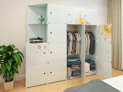 White Modular Wardrobe With Moon Star Decorations Hanging Folded Clothes And Potted Plant 3d model