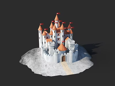 Cartoon Castle Scene With White Walls Orange Roofs And Red Flags On Circular Base 3d model