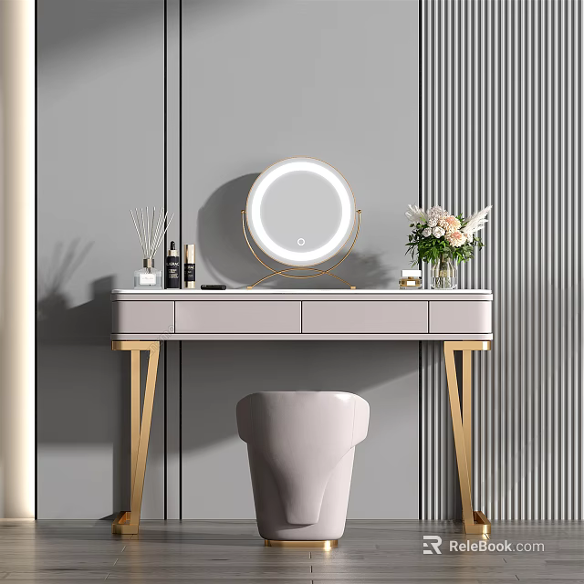 Elegant Modern Dressing Table With Round Mirror Gold Legs Skincare Items And Stool 3d model 