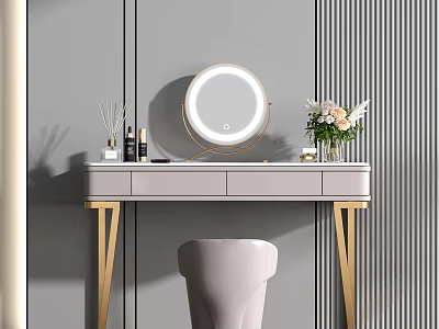 Elegant Modern Dressing Table With Round Mirror Gold Legs Skincare Items And Stool 3d model