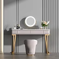 Elegant Modern Dressing Table With Round Mirror Gold Legs Skincare Items And Stool