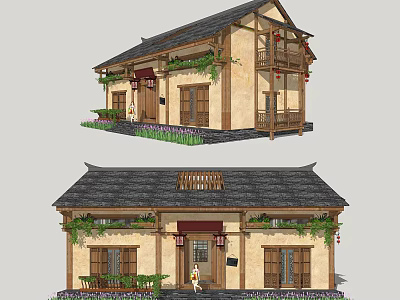 Traditional Chinese House Architectural Design With Tile Roof Wooden Structure And Decorative Lanterns 3d model