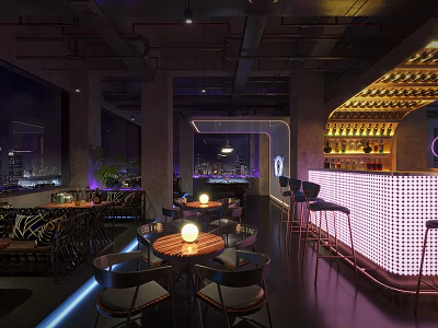 Modern Bar Interior With Neon Lit Counter High Stools Round Tables And City Night View 3d model