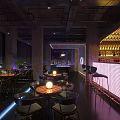 Modern Bar Interior With Neon Lit Counter High Stools Round Tables And City Night View