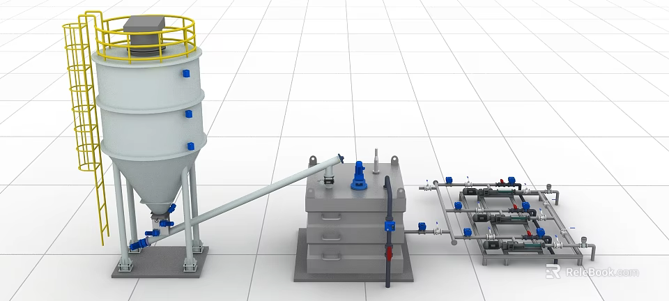 Industrial Equipment Configuration with Large Storage Tank Yellow Guardrail Piping System Valves and Control Panel 3d model 