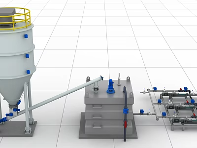 Industrial Equipment Configuration with Large Storage Tank Yellow Guardrail Piping System Valves and Control Panel 3d model