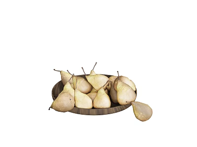 Fresh Ripe Pears in a Wooden Bowl with One Fallen Pear on the Side 3d model