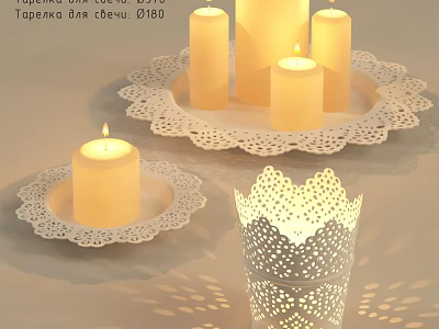 Elegant Decorative Ornament Set with Lit Candles Lace Trays Hollow Holders and Shadow Patterns 3d model