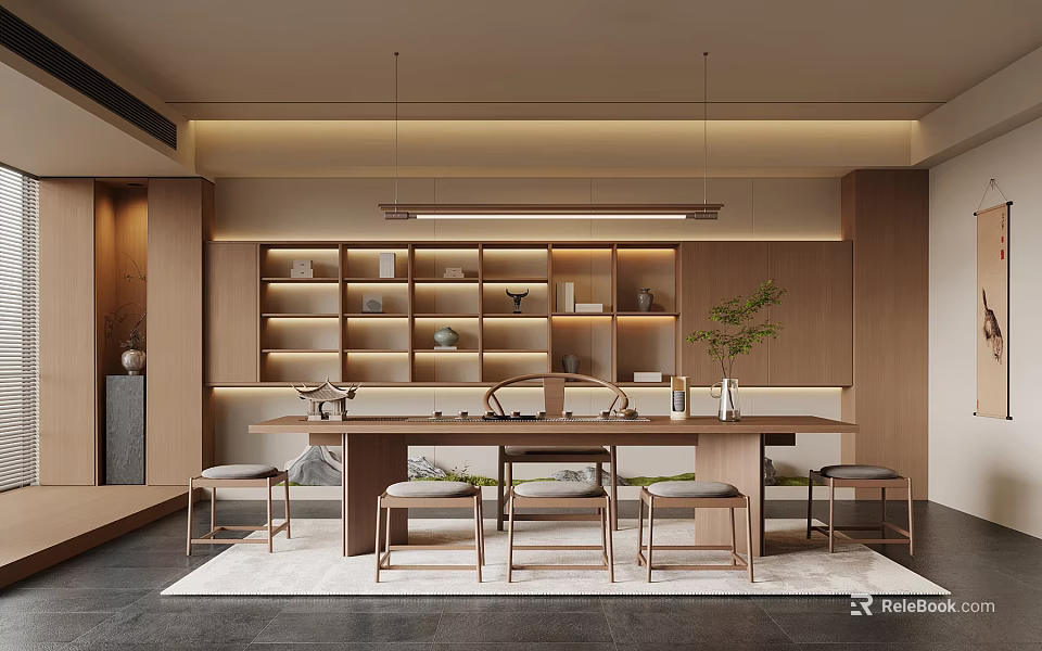 Modern Tea Room Interior With Wooden Long Table Tea Sets On Shelves And Warm Lighting 3d model 