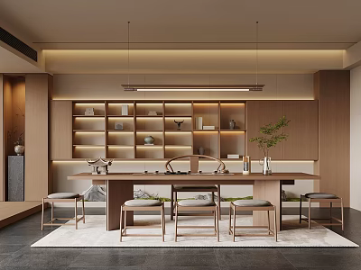 Modern Tea Room Interior With Wooden Long Table Tea Sets On Shelves And Warm Lighting 3d model